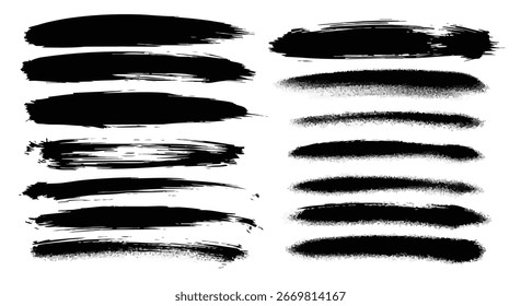Diversas pinceladas de tinta negra dibujadas a mano, manchas de pintura y texturas grunge sobre un fondo blanco. Ideal para diseños artísticos y proyectos creativos.