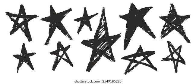 Varias estrellas negras dibujadas a mano se encuentran dispersas en un fondo blanco que muestra diferentes tamaños y estilos. El diseño evoca una sensación encantadora y artística perfecta para proyectos creativos.