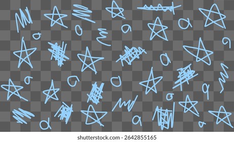 Various hand-drawn blue stars and abstract scribbles are scattered across a transparent background, showcasing a whimsical and artistic design. The playful elements evoke creativity and imagination