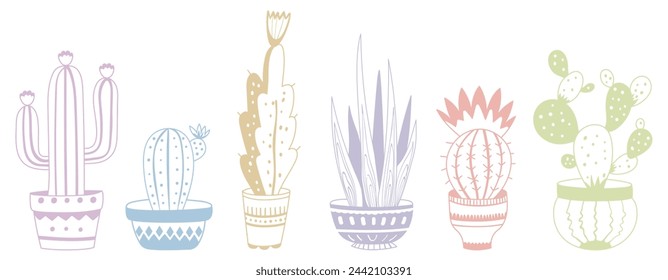 Various hand-drawn cacti in pots. Set of 6 indoor plants in doodle style. Color graphic vector illustration