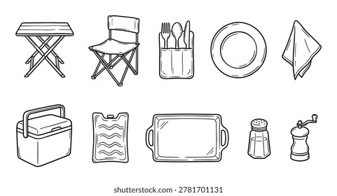 Various hand-drawn camping and picnic items are neatly arranged, showcasing essential outdoor gear in a clean, illustrative outline style with a functional and ready-to-use mood