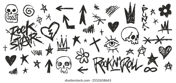 Varios garabatos dibujados a mano muestran un tema de estrella de rock con calaveras, corazones, flechas y estrellas. Esta colección captura la esencia de la cultura punk y rock a través de símbolos lúdicos.