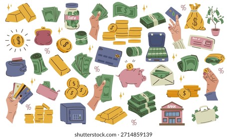 Diversos Elementos de finanzas y dinero dibujados a mano como billetes, monedas, tarjetas, barras de oro, carteras y huchas sobre fondo blanco. Ilustración vectorial