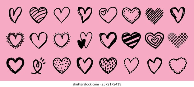 Various hand-drawn heart designs on a pink background. Hearts in different styles, patterns, and textures. Black hearts on pink. Heart motifs repeated. Valentine's element vector set.