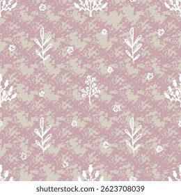 Verschiedene handgezeichnete Kräuterelemente auf rosafarbenem strukturiertem Hintergrund, ein elegantes botanisches Muster für Textilien, Tapeten, Bettwäsche.