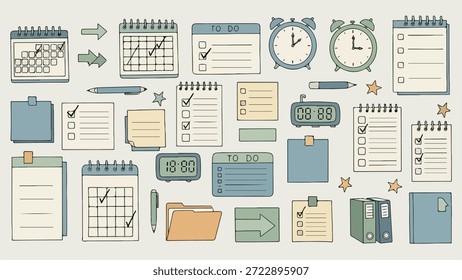 Diversas ilustraciones dibujadas a mano de calendarios, cuadernos, relojes, bolígrafos y suministros de oficina para la programación, la gestión de tareas y la productividad diaria.
