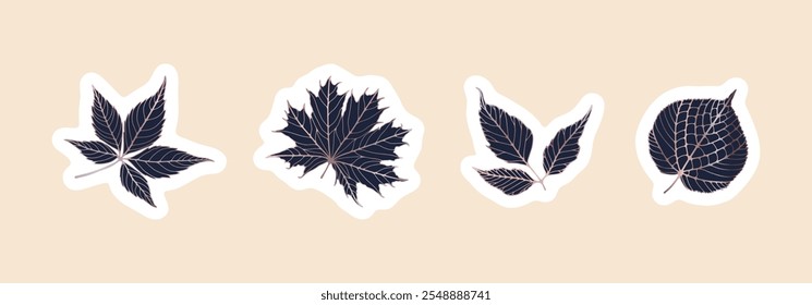 Various hand-drawn leaves on a light background. Set of stickers with leaves