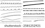 Various hand-drawn lines for design accents. Simple and stylish decorative materials such as wavy lines, dotted lines, and marker underlines.