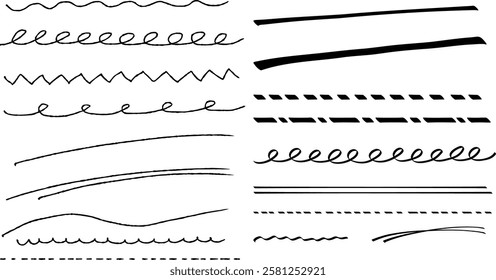 Various hand-drawn lines for design accents. Simple and stylish decorative materials such as wavy lines, dotted lines, and marker underlines.