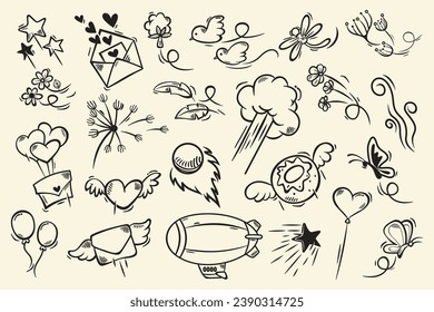 Various hand-drawn objects that can fly. Fly away and disappear from life. Outline, line art. Vector illustration.