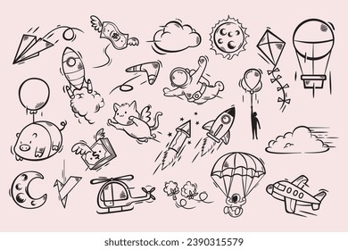 Various hand-drawn objects that can fly. Fly away and disappear from life. Outline, line art. Hand drawn Vector illustration. 