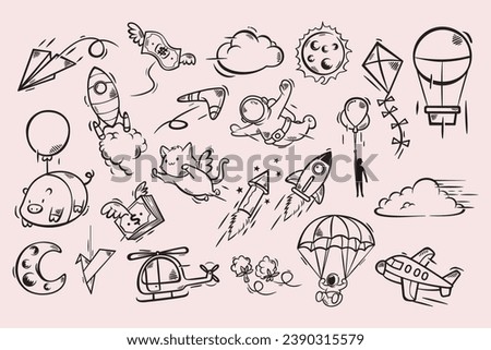 Various hand-drawn objects that can fly. Fly away and disappear from life. Outline, line art. Hand drawn Vector illustration. 