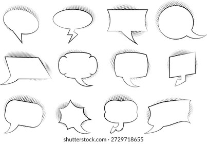 Diversas burbujas de discurso retro dibujadas a mano y globos de pensamiento con un efecto de borde de semitono único.