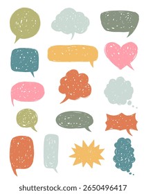 Various hand-drawn speech bubbles in different colors and shapes, textured, scribbled design, for graphics or illustrations 