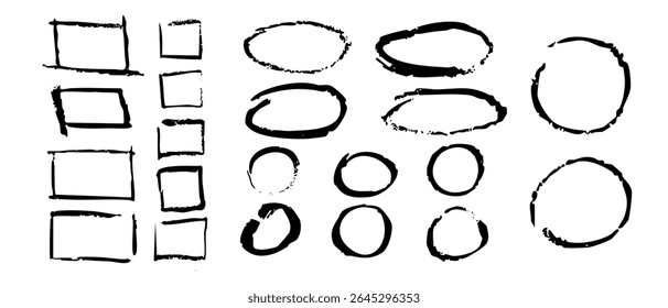 Verschiedene handgezeichnete Symbole im Markerstil, darunter Pfeile, Kreise, Rahmen und Linien.