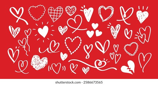 Various hand-drawn white hearts on a red background. Heart shapes, heart doodles, and heart designs fill the image, creating a heart-themed pattern. Cute hand drawn Valentine's Day vector set.