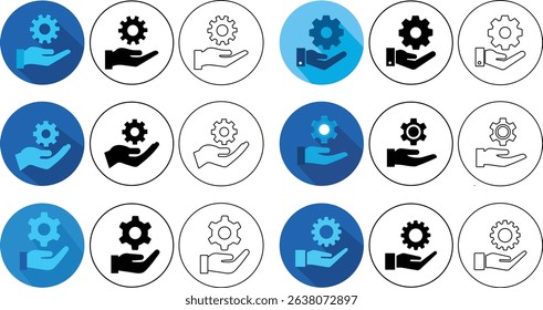 Various hand-holding gear icons representing service support concept for business and technology