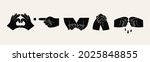 Various Hands. Black silhouettes. Different gestures, pointing finger. Holding Hands. Hand drawn colored trendy Vector illustration. All elements are isolated