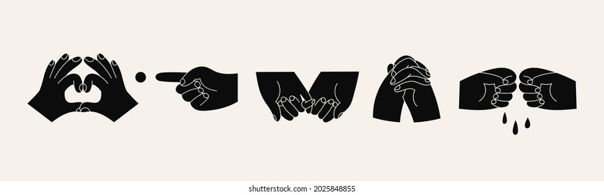 Various Hands. Black silhouettes. Different gestures, pointing finger. Holding Hands. Hand drawn colored trendy Vector illustration. All elements are isolated