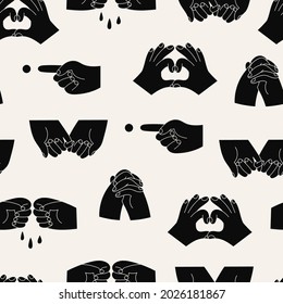 Various Hands. Black silhouettes. Different gestures, pointing finger. Holding Hands. Hand drawn colored trendy Vector illustration. Square seamless Pattern. Background, wallpaper