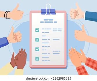 Various hands clap give congratulations thumbs up on clipboard paper Successful achievement check tasks list 