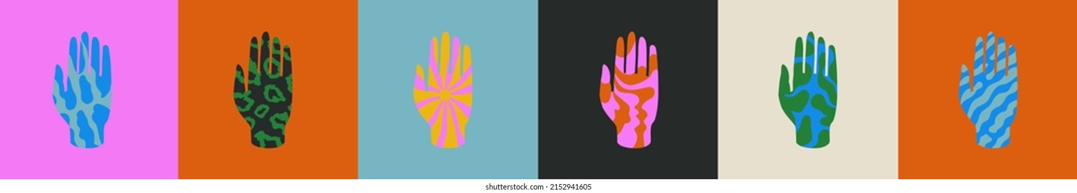 Various hands with colorful liquid patterns. Hand-drawn cartoon concept for mental health. Comic, hippie vector illustration like in 80's and 90's. Sun, earth, water, plant, cloud abstract ornament