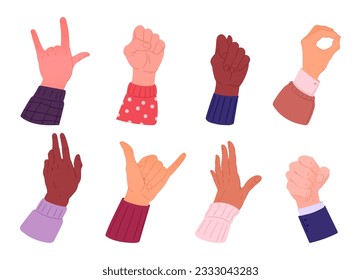 Various hands gestures. Cartoon hand palms with different skin colours, ok, rock and call sign. Human hands gestures flat vector illustration set