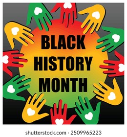 Various hands with a heart symbol form a circle. Equality of human rights. Black History Month concept. Flat vector illustration.