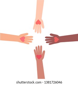 Various hands and hearts on a white background. Vector illustration.