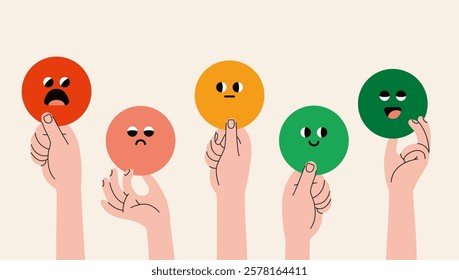 Various hands holding circle emoticon like angry, sad, neutral, joy and happy. Human arms and Gestures. Customer satisfaction scale, Feedback concept. Modern vector isolated illustration, flat design.