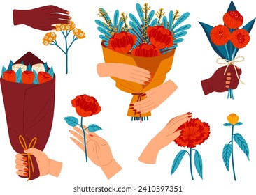 Various hands holding different bouquets of flowers, single flowers with leaves. Floral gifts and gestures of affection vector illustration.