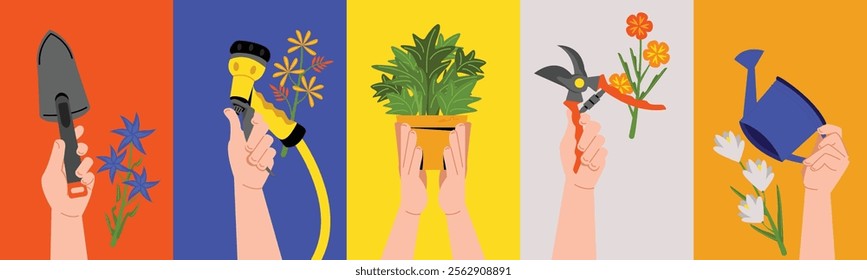 Various hands holding gardening tools, watering can, shovel, hose, shears, flowers and plants. Bright spring botanical illustration set | Flat vector illustration