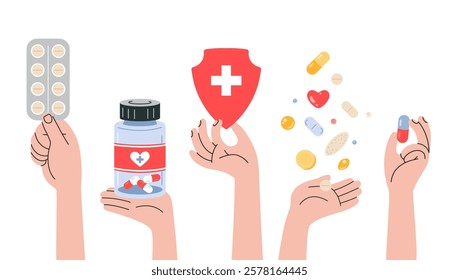 Various hands holding Medicines, blister and jar with tablets, capsules and vitamins. Human arms and Gestures. Treatment and health care.  Modern vector isolated illustration, hand drawn, flat design