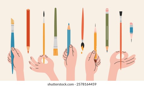 Various hands holding pencils and paintbrushes. Human arms and Gestures with different finger positions. Painting tools and Art supplies. Modern vector isolated illustration, hand drawn, flat design