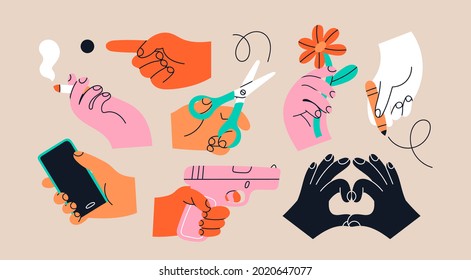 Various Hands holding things. Different gestures. Hands with cigarette, scissors, gun, flower, pencil, phone. Hand drawn colored trendy Vector illustration. All elements are isolated
