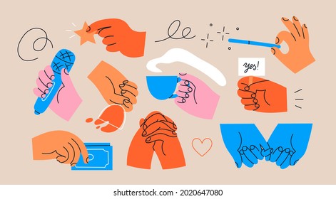 Various Hands holding things. Different gestures. Hands with cup, magic wand, banner, money, wine glass, microphone, star. Hand drawn colored trendy Vector illustration. All elements are isolated
