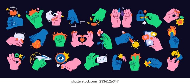 Various Hands holding things. Different gestures. Hand drawn colored trendy Vector illustration