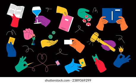 Various hands holding things. Different gestures. Colorful vector illustration. All elements are isolated
