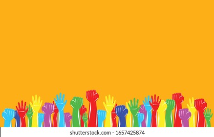 Various hands on orange background