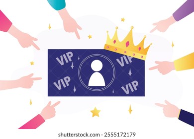 Various hands pointing on big business card with gold crown. VIP status, winner, luxury premium. High quality, premium account. Privileges for vip. Customer feedback, high rating. Vector illustration