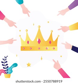 Various hands pointing on giant gold crown. Royal crown, symbol of power, glory, victory, wisdom and wealth. VIP, winner luxury premium. Customer feedback, high rating or status. Vector illustration