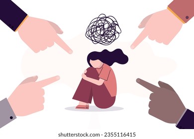 Various hands pointing at unhappy girl, blame and condemnation persons. Unhappy woman suffers from unreasonable blame and shaming. Problem of bullying, blaming and emotional pressure. Mental health.