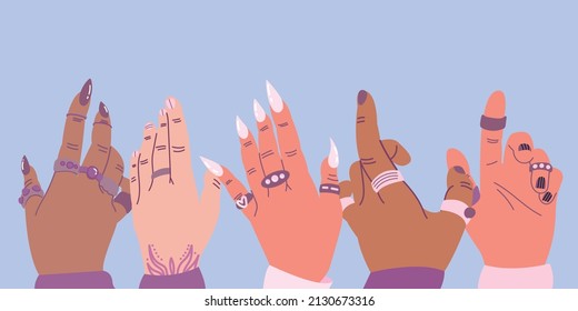 Various Hands Are Raised Up. Queer Persons.  Diversity Of People. Self Expression. LGBT Community. Fashionable Manicure. The Concept Of Bisexuality. Hand-drawn Cartoon Horizontal Illustration.