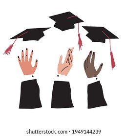 Various hands of students toss up hats with tassels. Graduation at the university.Vector illustration drawn by hand on a white isolated background. A design element for a poster, banner, or postcard.