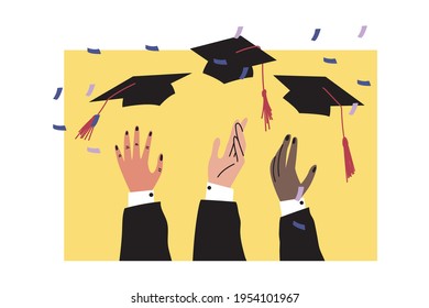 Various hands of students toss up hats with tassels. Graduation at the university.Vector illustration drawn by hand on a white isolated background. A design element for a poster, banner, or postcard.