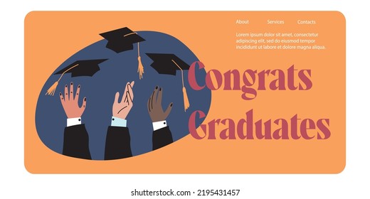 Various hands of students toss up hats with tassels. Landing Page Template. Graduation at the university. Vector illustration drawn by hand on a white isolated background.