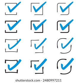 Various handwritten blue stylish checkmarks