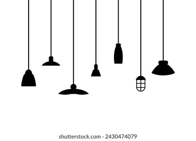 Verschiedene Deckenleuchten. Lampe, Kronleuchter. Schwarze Silhouette. Vordere Seitenansicht Vektor einfache flache grafische Darstellung. Isoliertes Objekt auf weißem Hintergrund. Isolieren.