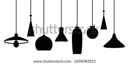 Various hanging ceiling lamps. Lamp, chandelier. Black silhouette. set of black hanging lamp minimalist vector design.