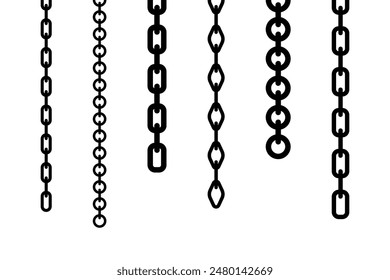 Various hanging chains. Black silhouette. Vertical front side view. Vector simple flat graphic illustration. Isolated object on a white background. Isolate.